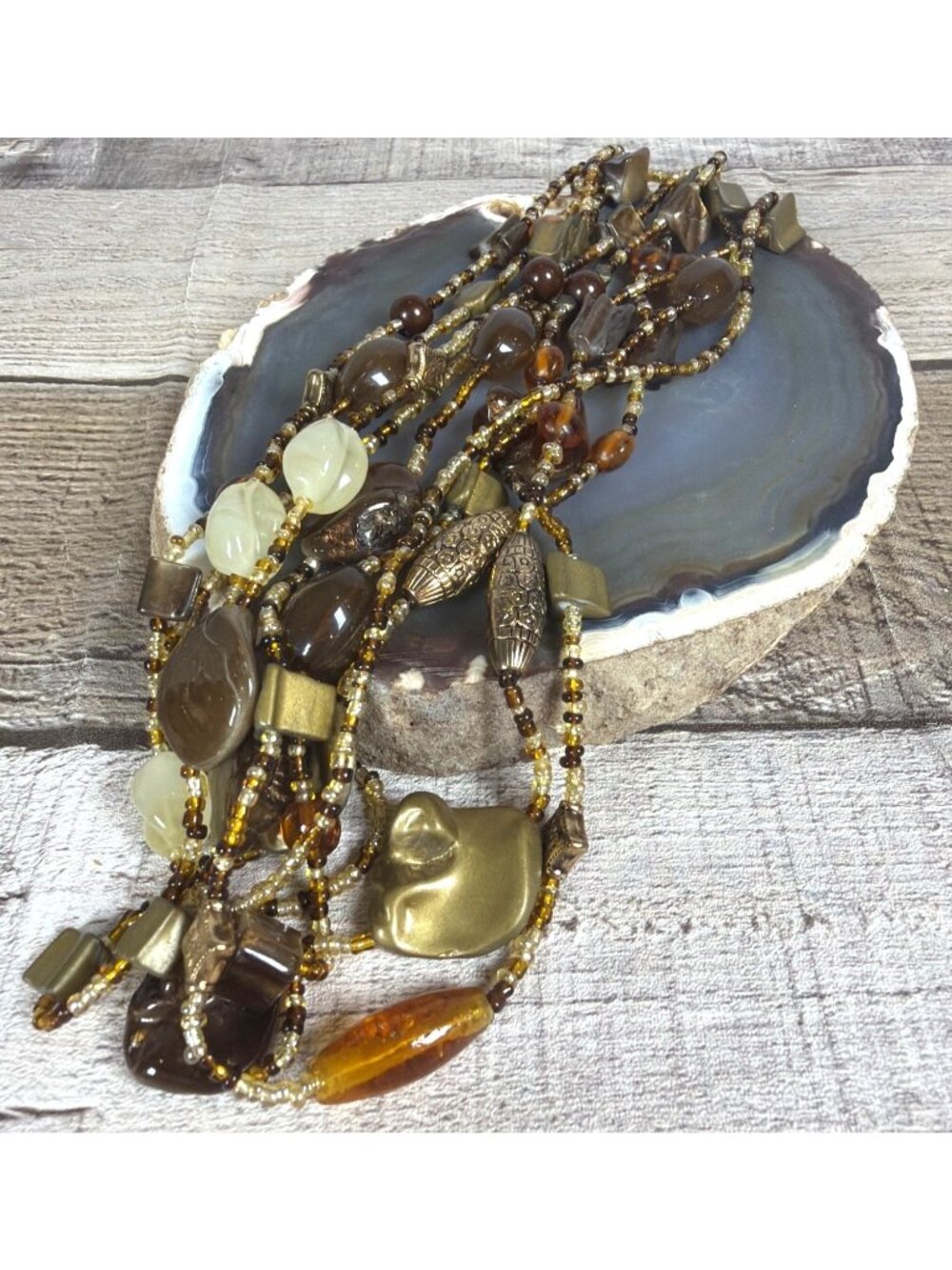 Multi Strand Beaded Statement Necklace Earth Tone Chunky Boho Layered Collar - Picture 3 of 10